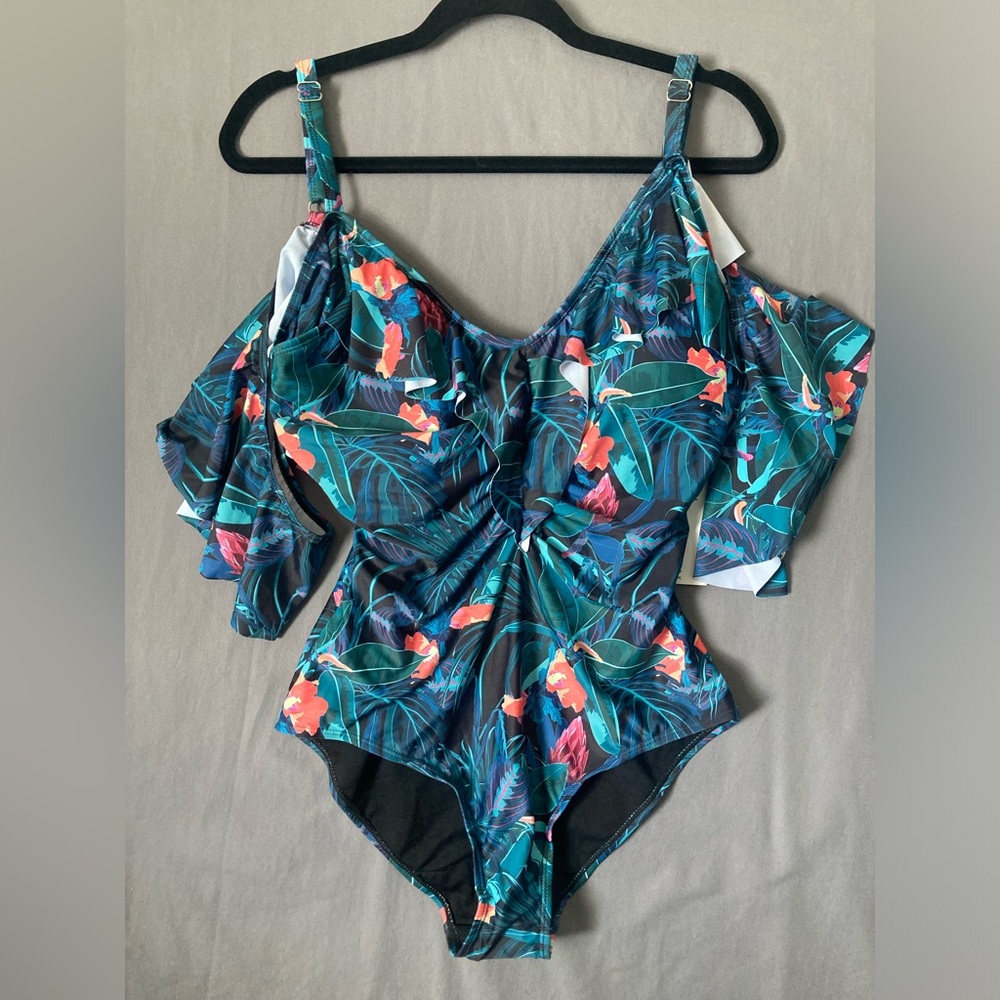 Nicole Miller Into The Jungle Swimsuit L NWT Tropical One Piece Cold shoulder